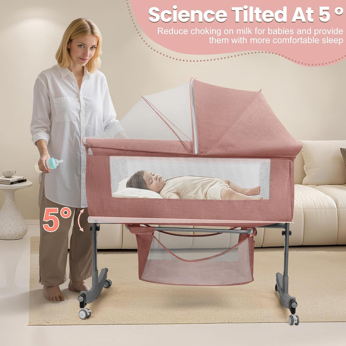Bedside Bassinet Baby Crib, 3-in-1 Bedside Crib, 6 Levels Height Adjustable Baby Crib with Basket & Mosquito Net, Wheels, Portable Newborn Infant Cradle Bassinet Pink