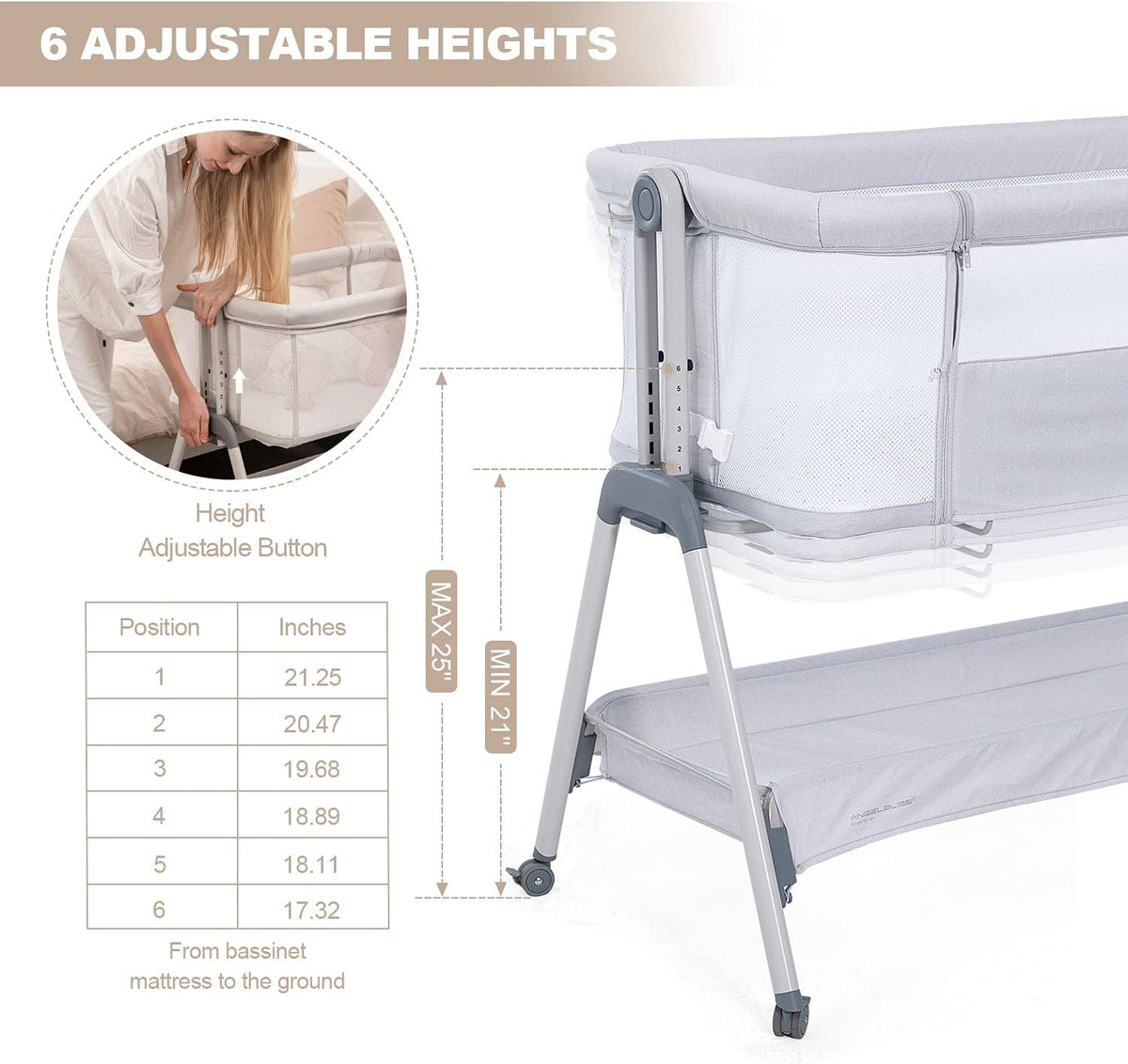 ANGELBLISS Baby Bassinet Bedside Sleeper with Wheels, 6 Heights (Beige)