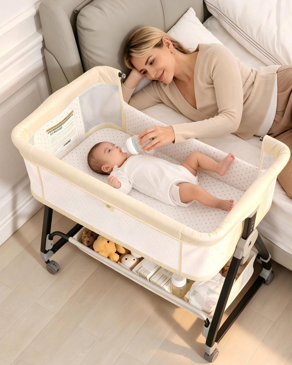 Baby Bassinets Bedside Sleeper with Wheels and Mattress, Cosleeping Baby Bed with Storage, Co-Sleeper Bassinet Attach to Bed, Bed Side Crib with Breathable Mesh, Height Adjustable (Pink)