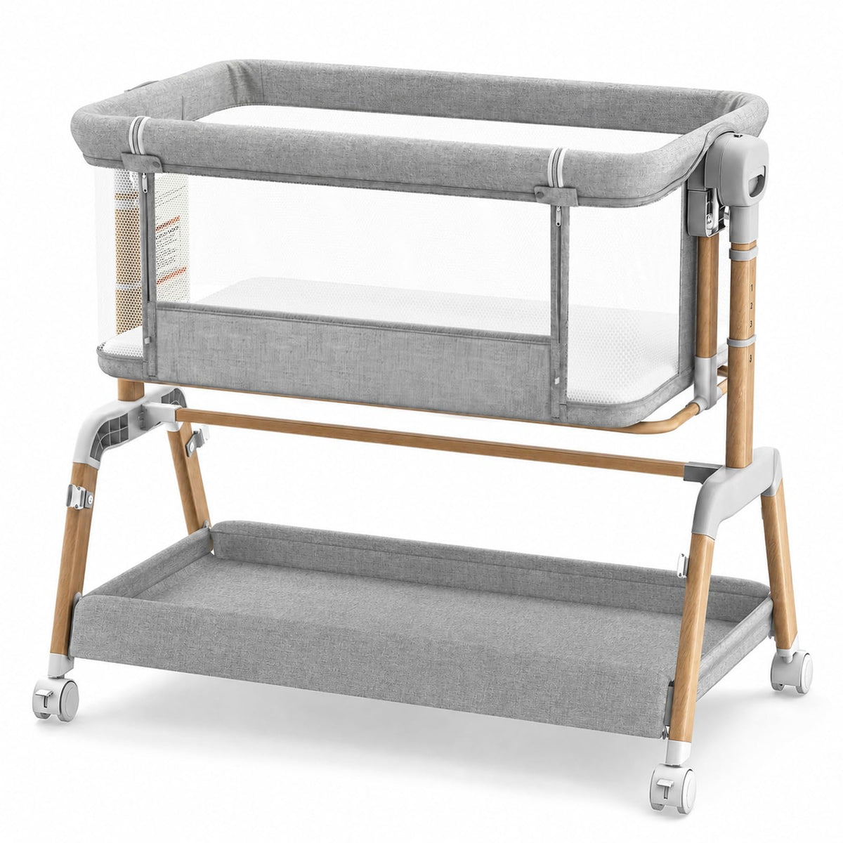 3 in 1 Baby Bassinet, Bedside Sleeper for Newborn, 7-Level Height Adjustable, Rocking Bassinet with Breathable Mesh, Lockable Wheels & Large Storage Space, Portable Baby Crib（Dark Gray）