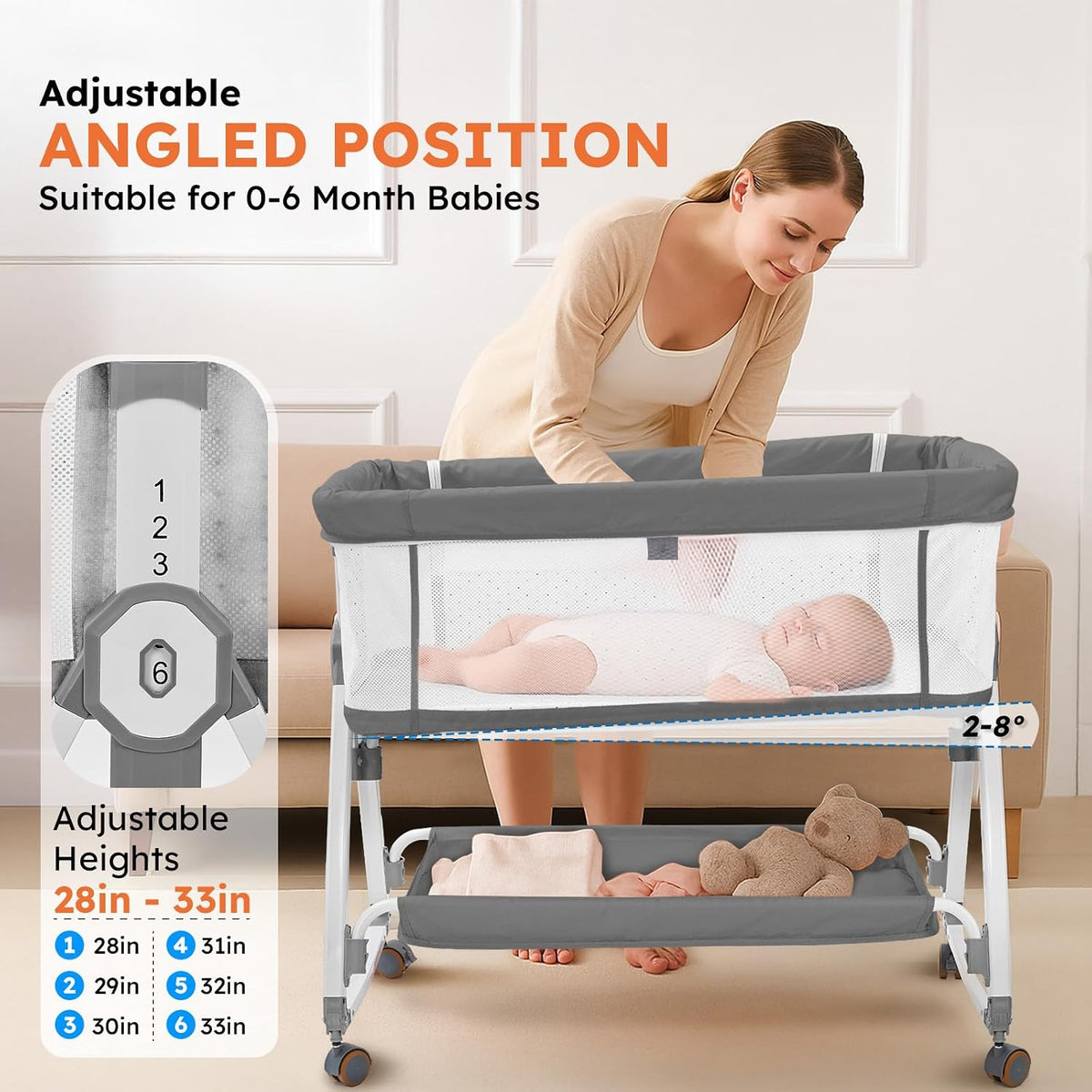 4-in-1 Baby Bassinet with Wheels, 6 Height Settings, Gray