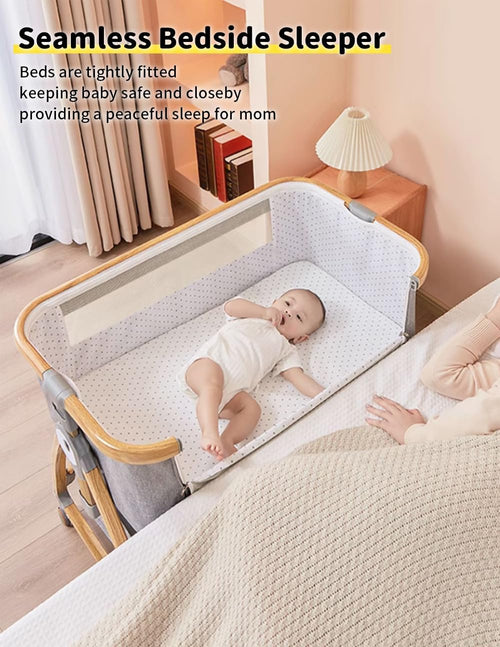 Baby Bassinet, Bedside Bassinet for Baby, 4 in 1 Portable Bassinet Bedside Sleeper with Wheels Mosquito Net & Storage Basket, 6 Height Adjustable Rocking Bassinet for Newborn Baby