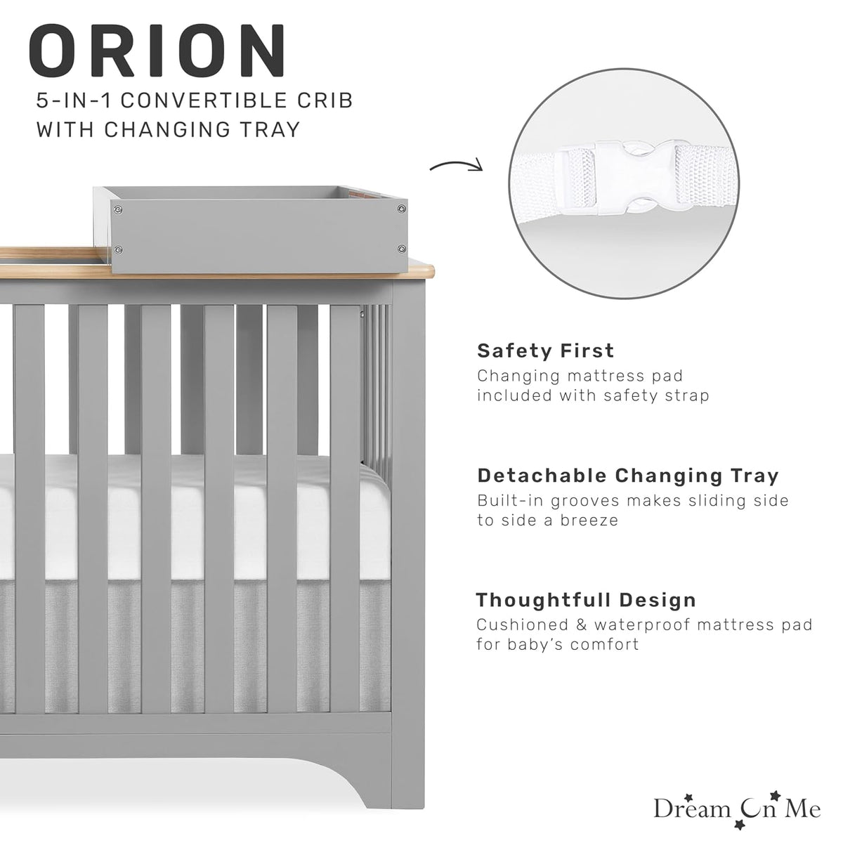 Dream On Me Orion 5-in-1 Convertible Crib with Changer in Pebble Grey Vintage, JPMA & Greenguard Gold Certified, Made of Sustainable New Zealand Pinewood