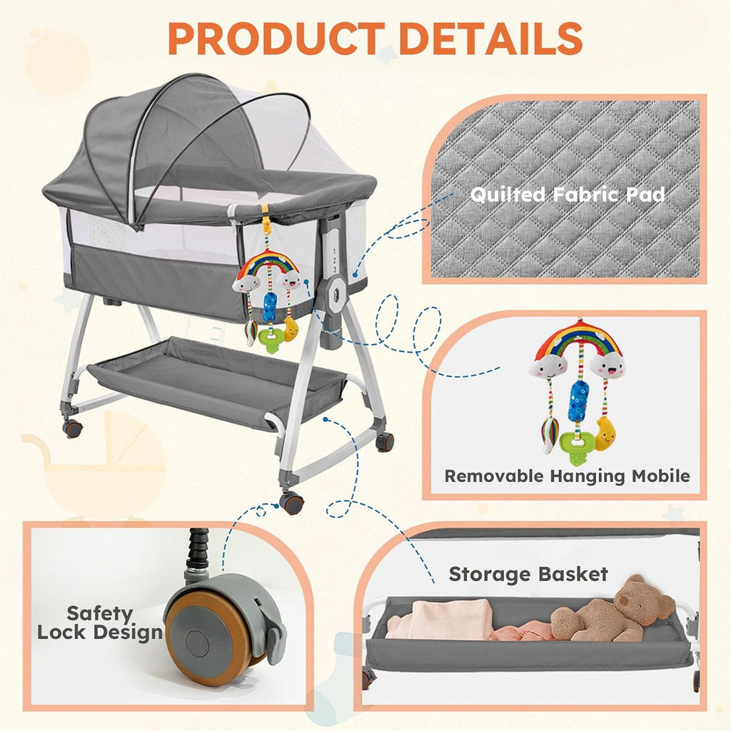 4-in-1 Baby Bassinet with Wheels, 6 Height Settings, Gray