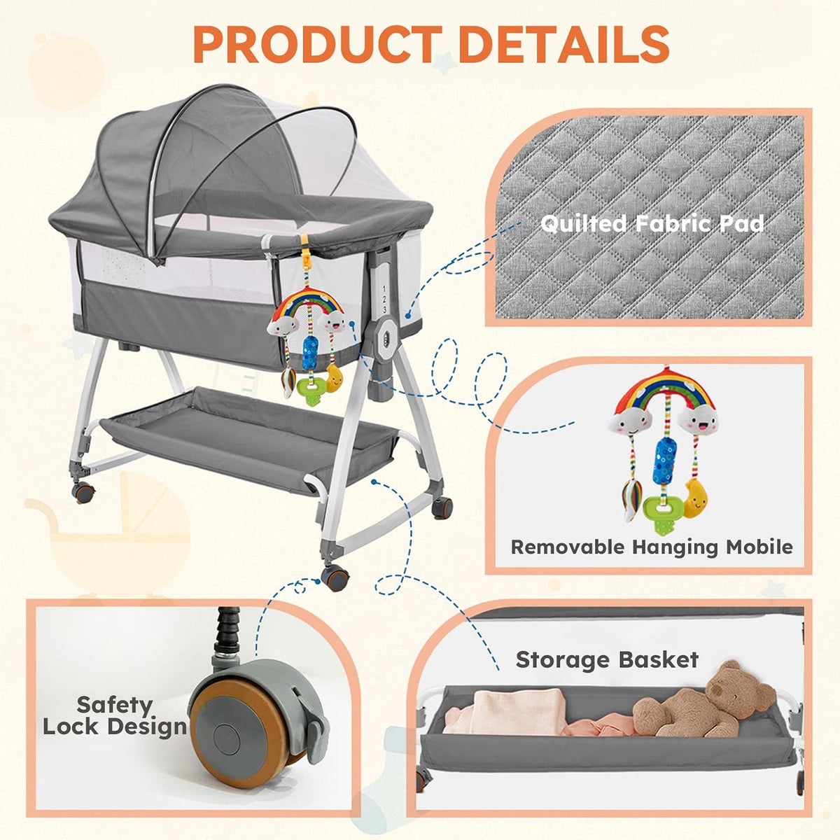 4-in-1 Baby Bassinet with Wheels, 6 Height Settings, Gray