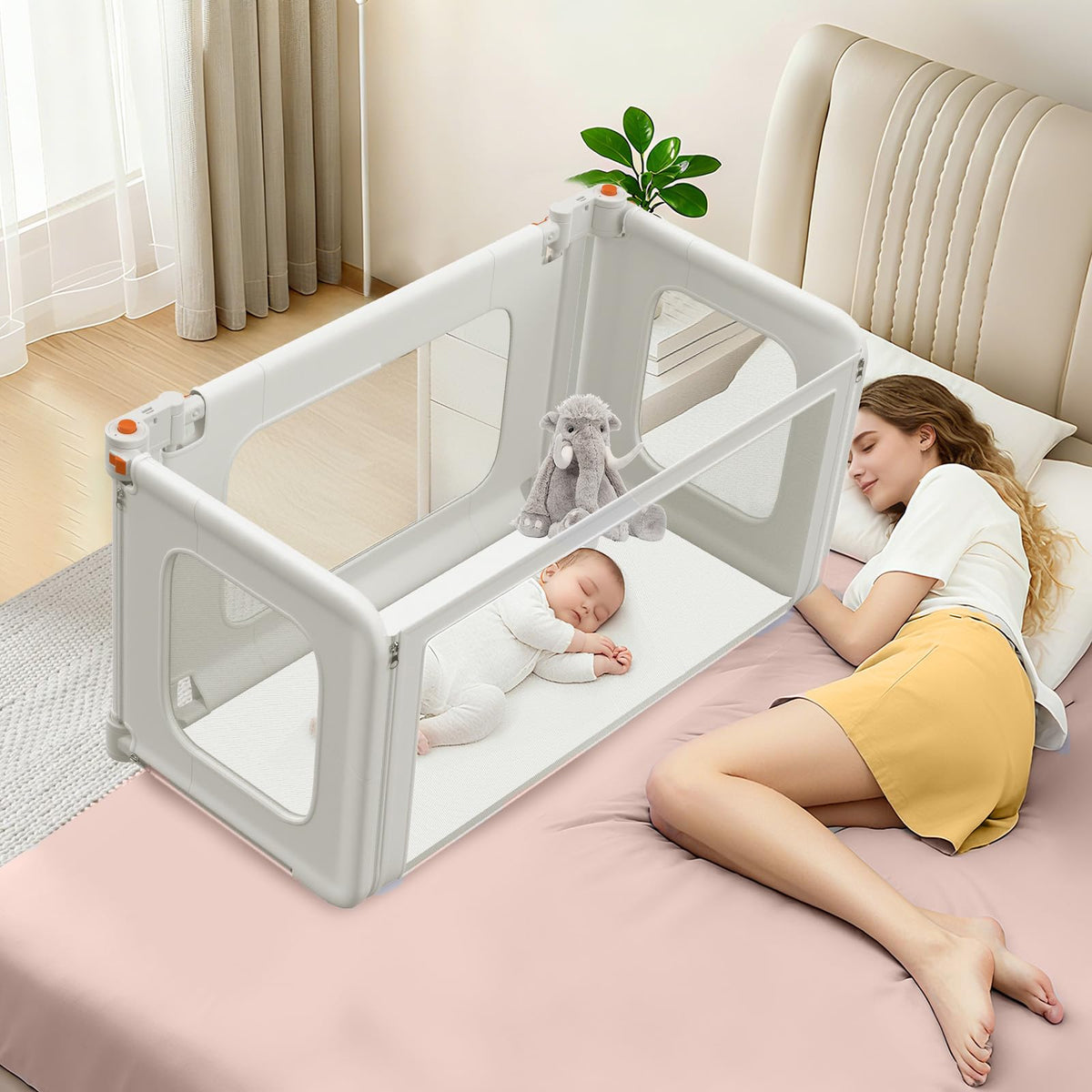 3 in 1 Bedside Bassinet, 69.26" x 19.29" Baby Bassinets Bedside Sleeper with Mosquito Net + Storage Bag + Child Lock, Baby Crib & Toddler Bed Rails for Twin, Full, Queen, King Size, Gray