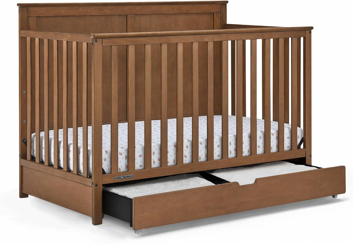 Simmons Kids Logan 6-in-1 Convertible Crib with Underdrawer - Greenguard Gold Certified, Chestnut