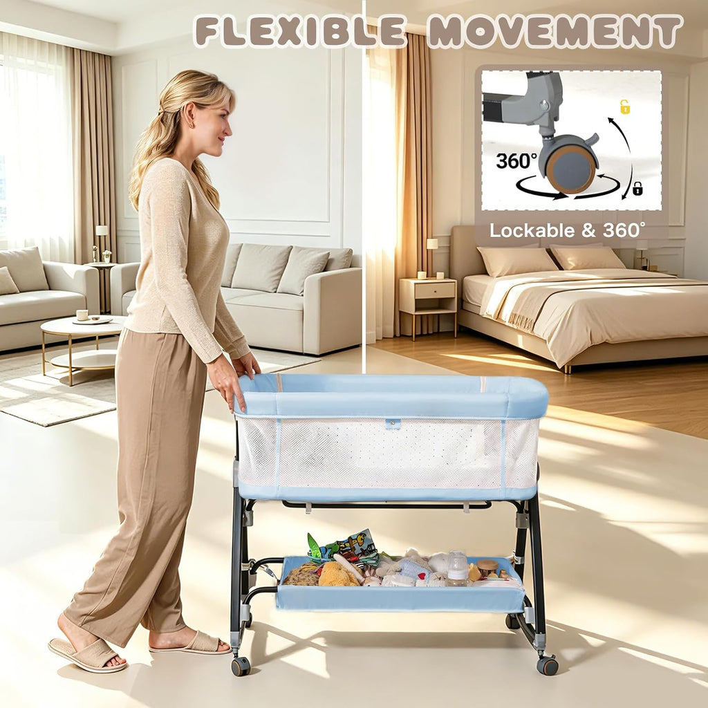Baby Bassinets Bedside Sleeper with Wheels and Mattress, Cosleeping Baby Bed with Storage, Co-Sleeper Bassinet Attach to Bed, Bed Side Crib with Breathable Mesh, Height Adjustable (Blue)