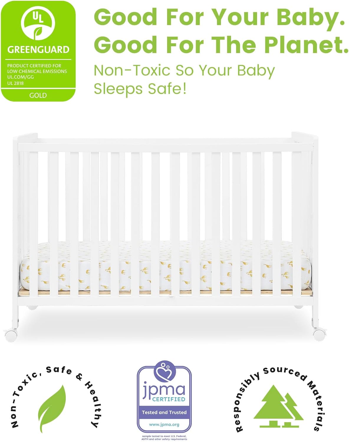 Simmons Kids Aria Full Size Portable Folding Crib - Greenguard Gold Certified, Bianca White