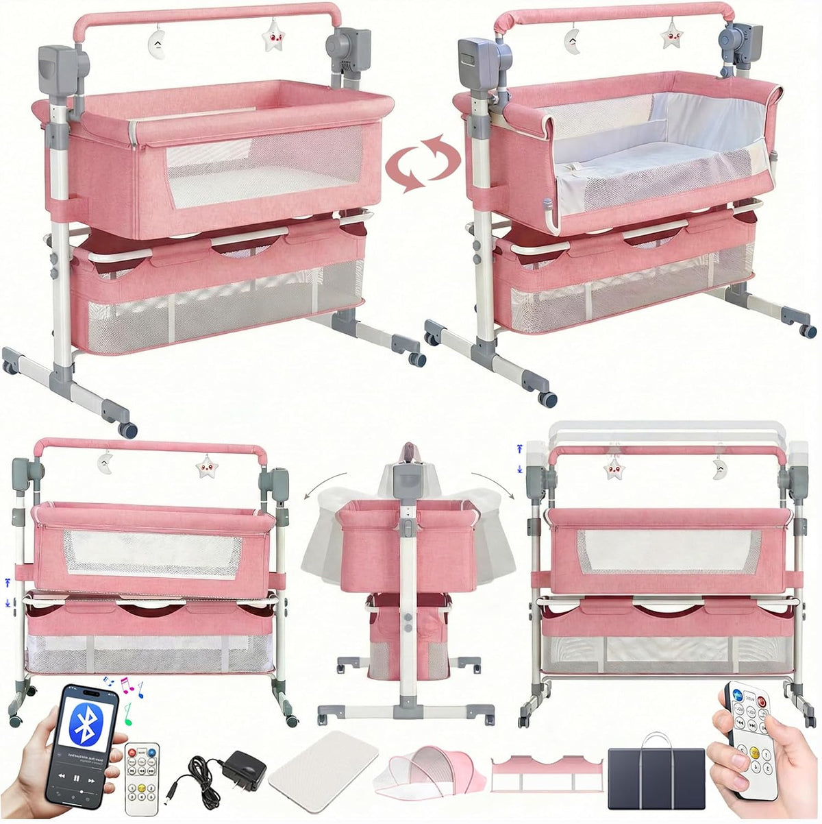 Electric Bluetooth Smart Baby Bedside Crib, Bassinet for Co-Sleeping, Infant Bedside Sleeper Cot, Convertible Foldable Baby Crib with Remote Control, Music and 5 Swaying Gears (601 Pink)