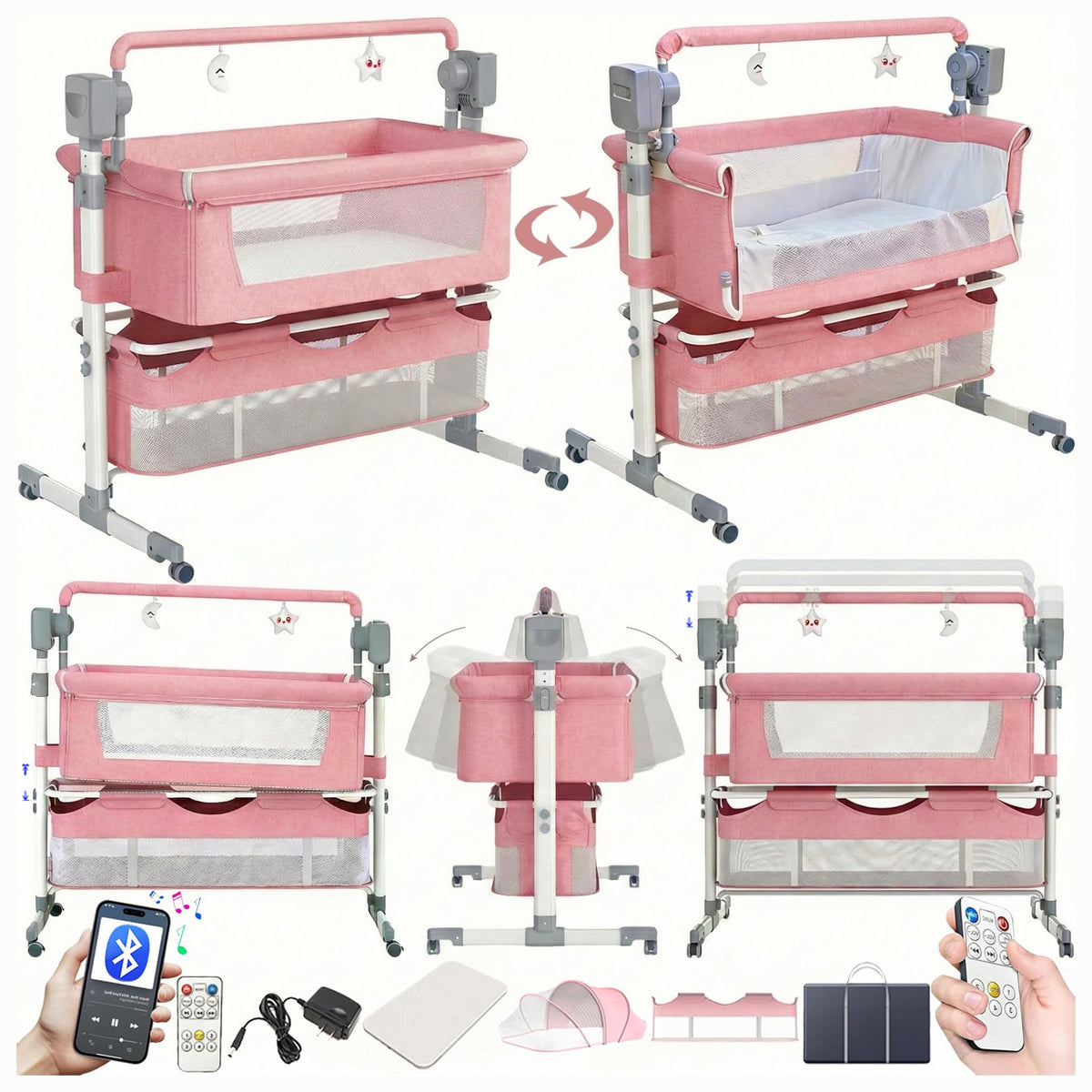 Electric Bluetooth Smart Baby Bedside Crib, Bassinet for Co-Sleeping, Infant Bedside Sleeper Cot, Convertible Foldable Baby Crib with Remote Control, Music and 5 Swaying Gears (601 Pink)