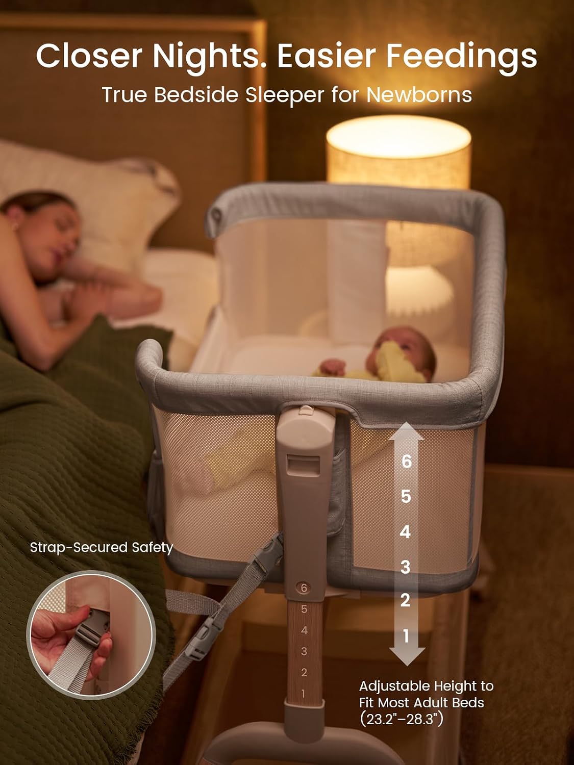 GROWNSY 5-in-1 Baby Bassinet Bedside Sleeper with Gentle Manual Rocking