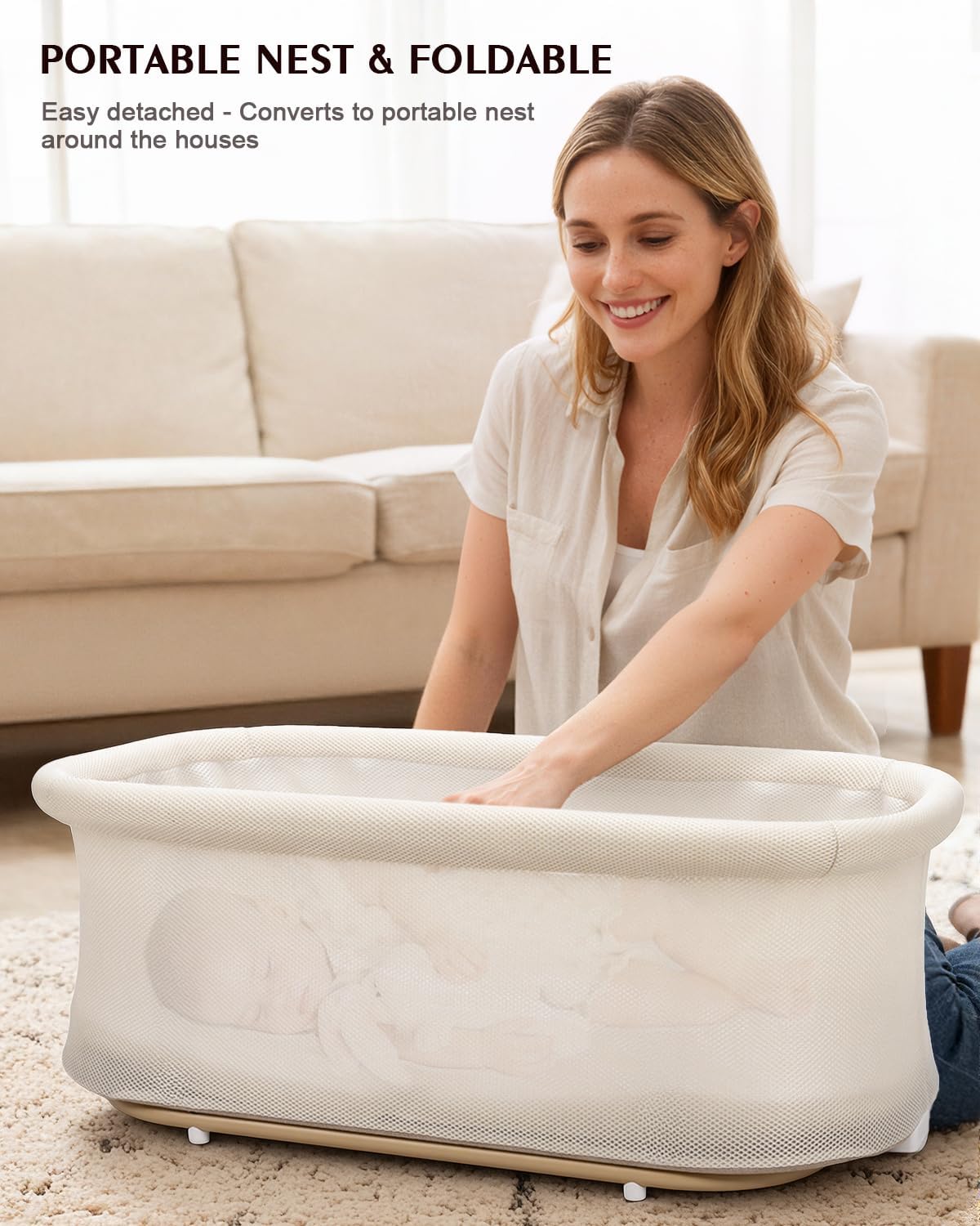 3 in 1 Baby Bassinet, Rocking Bedside Bassinet for Baby with Mesh Design & Soft Mattress, Bassinet Bedside Sleeper for Newborn Infant，Portable Nest with Storage Basket, Easy Assemble & Folding Beige