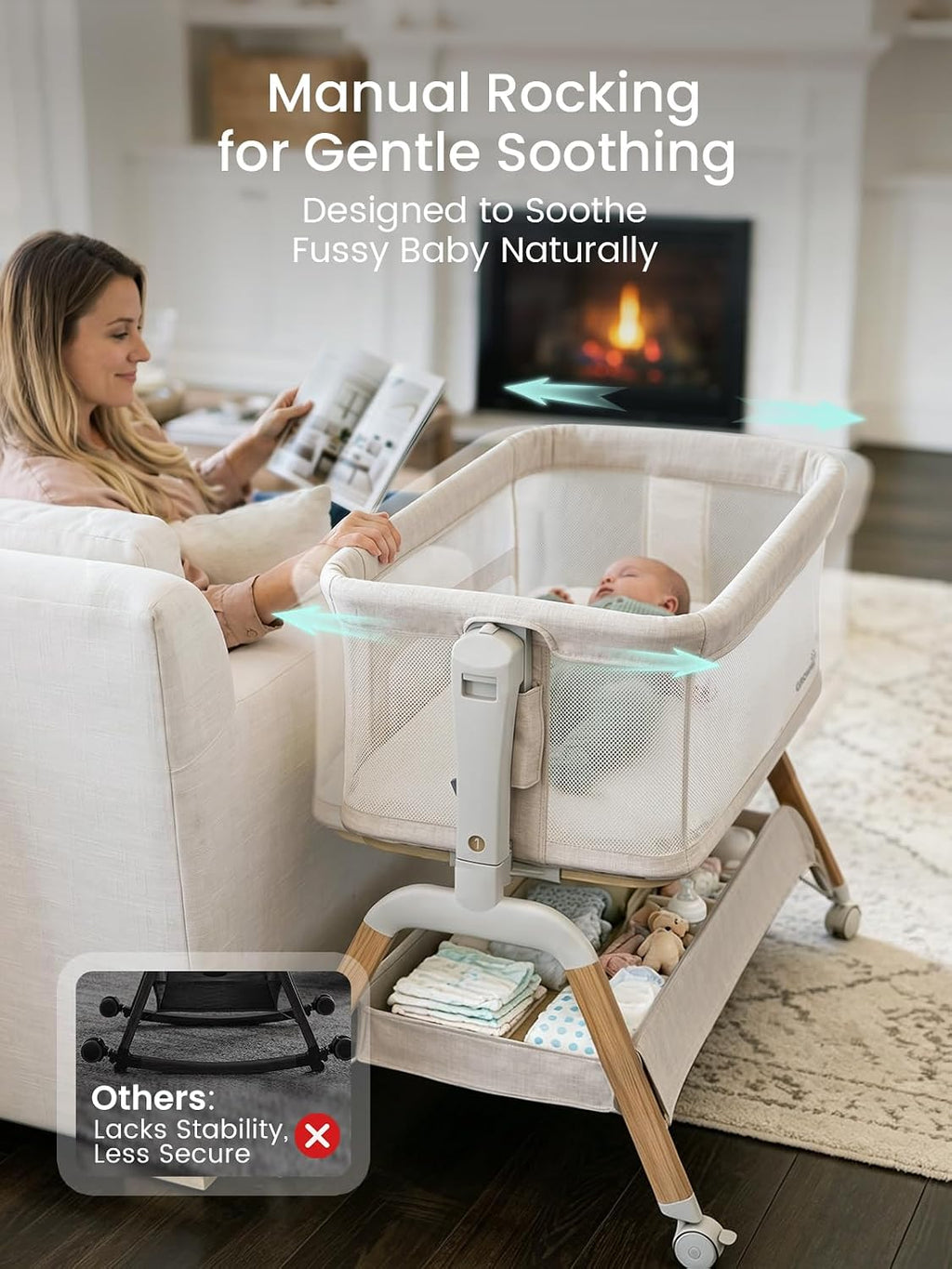 GROWNSY 5-in-1 Baby Bassinet Bedside Sleeper with Gentle Manual Rocking