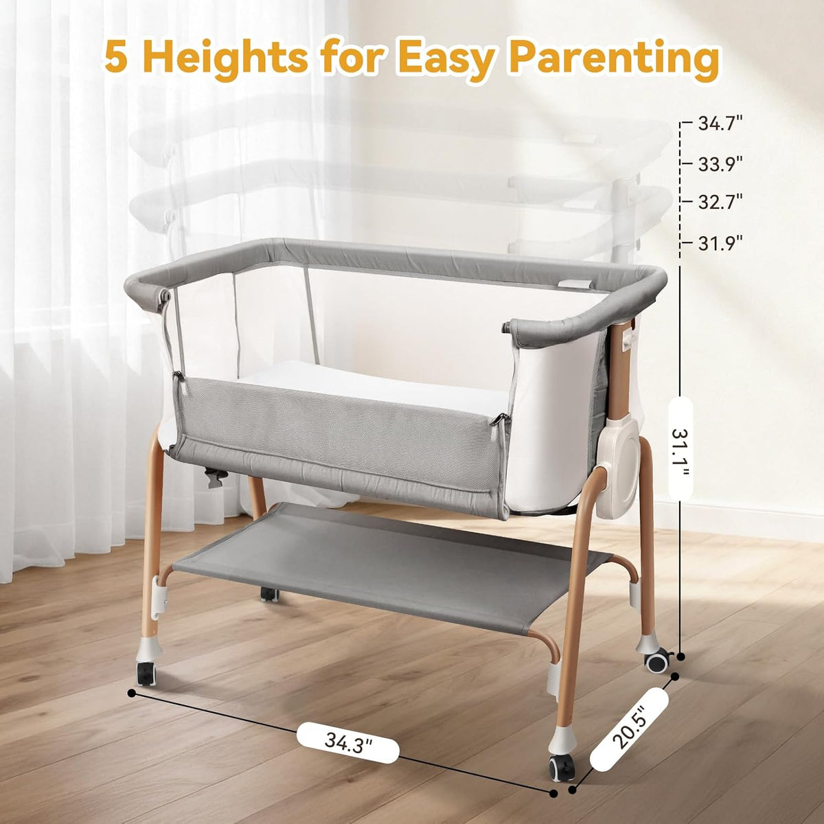 Bassinet Bedside Sleeper, Bedside Bassinet for Newborn, Baby Bassinet with 5 Adjustable Height, Rocking Bassinet with Wheels, Breathable Mesh & Mattress, Easy Folding Portable Bedside Crib(Gray)