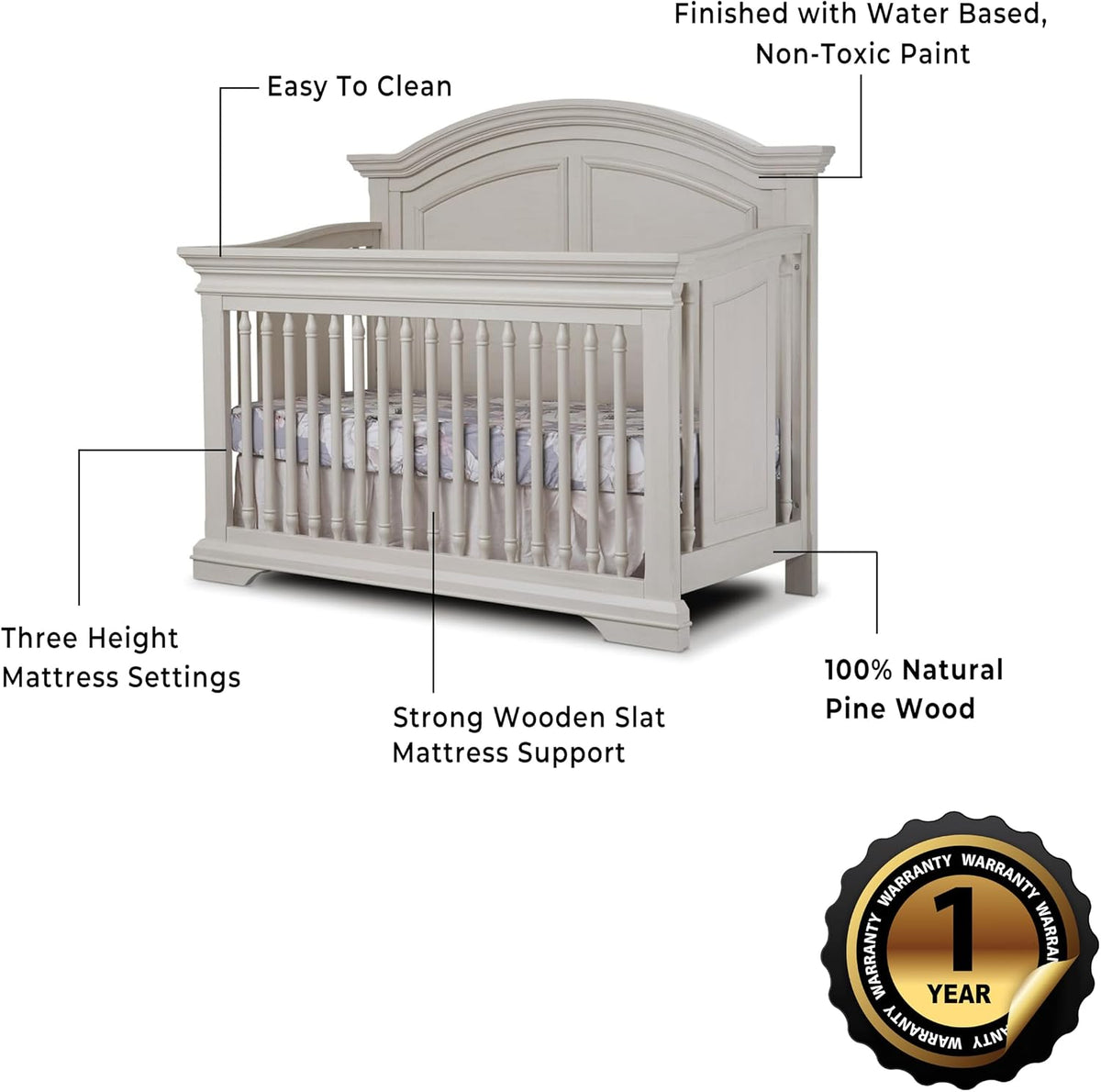 Sorelle Furniture High Arch Portofino Crib, Classic 4-in-1 Convertible Crib, Crib Made of Wood, Wooden Baby Bed, Toddler Bed, Child’s Daybed and Full-Size Bed, Nursery Furniture-Brushed Ivory