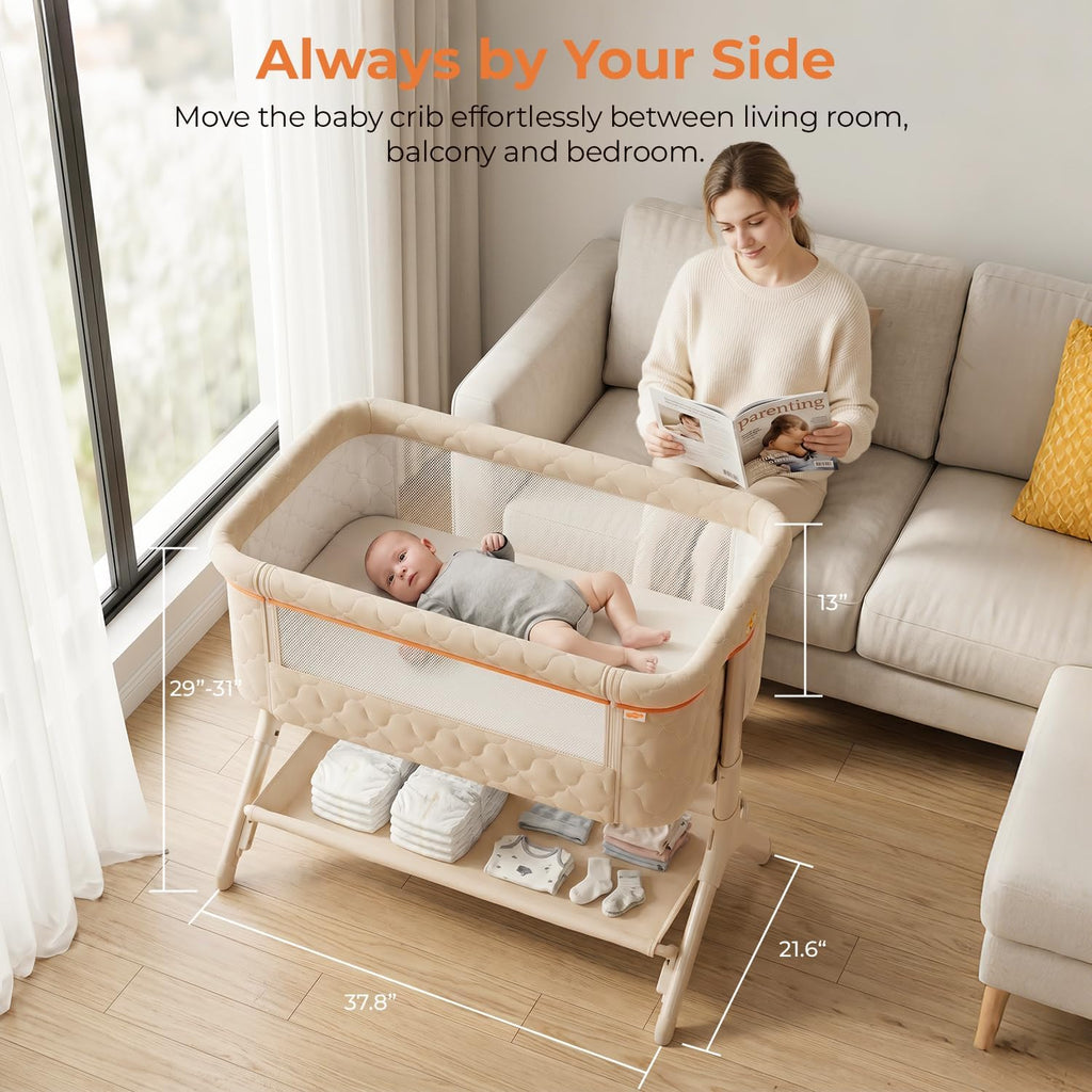 Pamo babe Bedside Bassinet for Baby, 3-in-1 Foldable Travel Bassinet with Wheels, Portable Baby Bassinet Adjustable Height, Storage Bag, Baby Bedside Sleeper Ideal Gift for Newborn Parents (Beige)