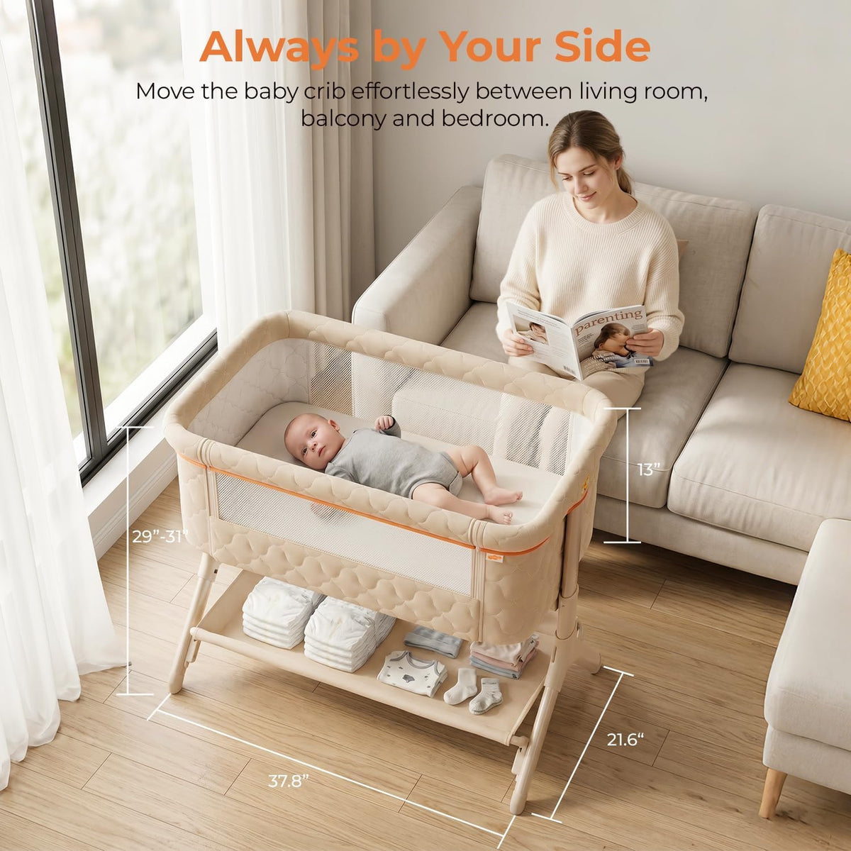 Pamo babe Bedside Bassinet for Baby, 3-in-1 Foldable Travel Bassinet with Wheels, Portable Baby Bassinet Adjustable Height, Storage Bag, Baby Bedside Sleeper Ideal Gift for Newborn Parents (Beige)
