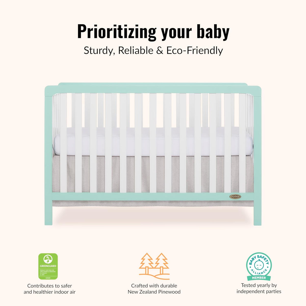 Dream On Me Ridgefield 5-in-1 Convertible Full-Size Baby Crib in Mint & White, GreenGuard Gold & JPMA, 4 Mattress Heights, Converts to Toddler, Day & Full-Size Bed, Solid Wood Design