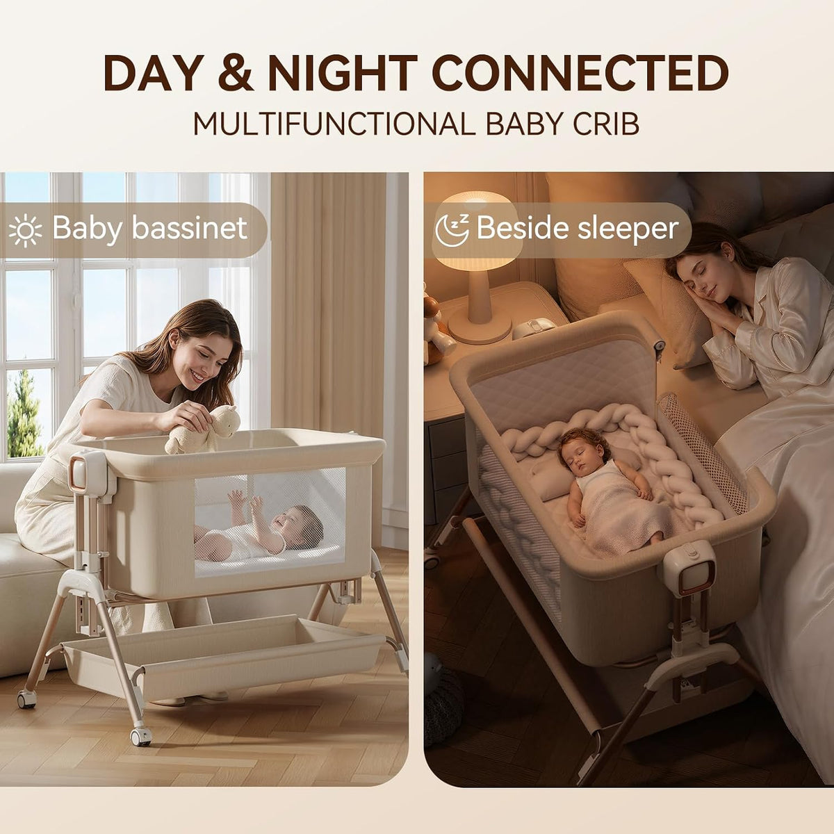3-in-1 Baby Bassinet Baby Crib Bedside Crib with Mattress, Breathable Mesh Rocking Bassinet, 6-Height Adjustable Baby Bed & Bedside Sleeper for Newborn Infant, Lockable Wheels & Storage Baske