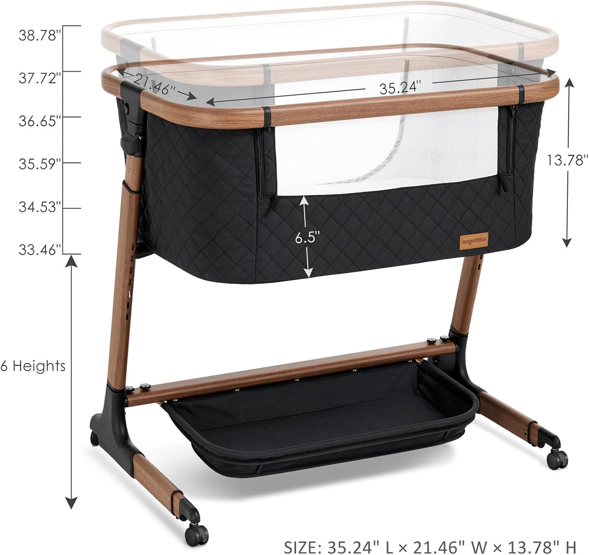 ANGELBLISS Electric Baby Bassinet, Auto Rocking Bedside Sleeper, 6 Heights with Mattress, Washable Sheet, Remote Control, 5 Speeds, 3 Timers, 12 Sounds, Wheels & Storage, Black