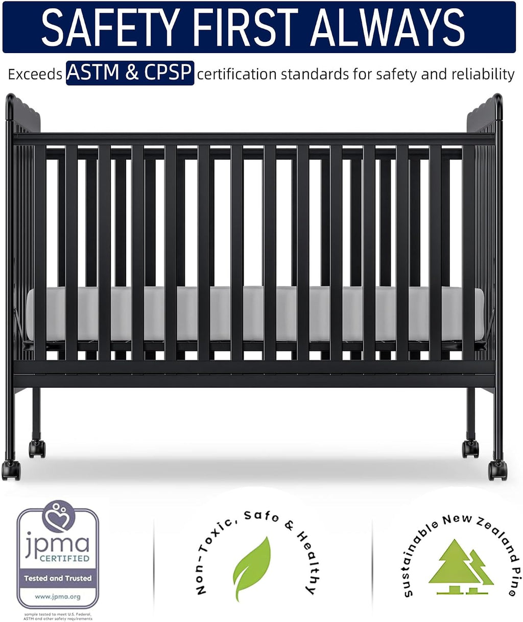 Baby Crib, 3-in-1 Convertible Crib Wood Full Size Toddler Bed with Locking Wheels for Nursery Furniture, Non-Toxic Finish (Black)