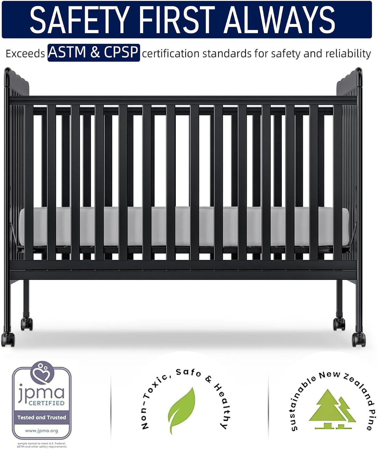 Baby Crib, 3-in-1 Convertible Crib Wood Full Size Toddler Bed with Locking Wheels for Nursery Furniture, Non-Toxic Finish (Black)