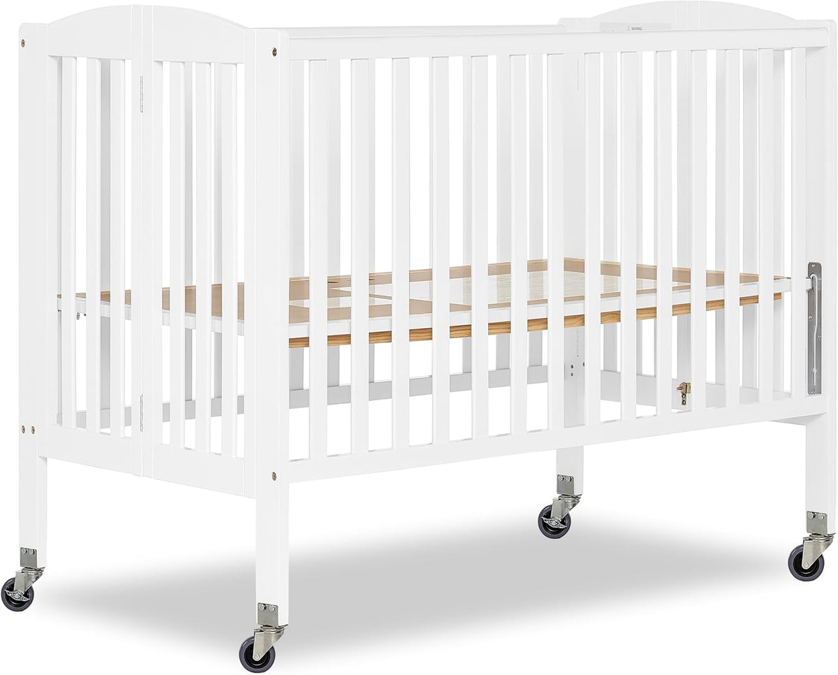 Dream On Me Folding Full Size Convenience Baby Crib with Durable Metal Wheels, Portable Space-Saving Design, 2 Adjustable Heights, Easy Fold Flat Storage, GREENGUARD Gold & BSA Certified, White