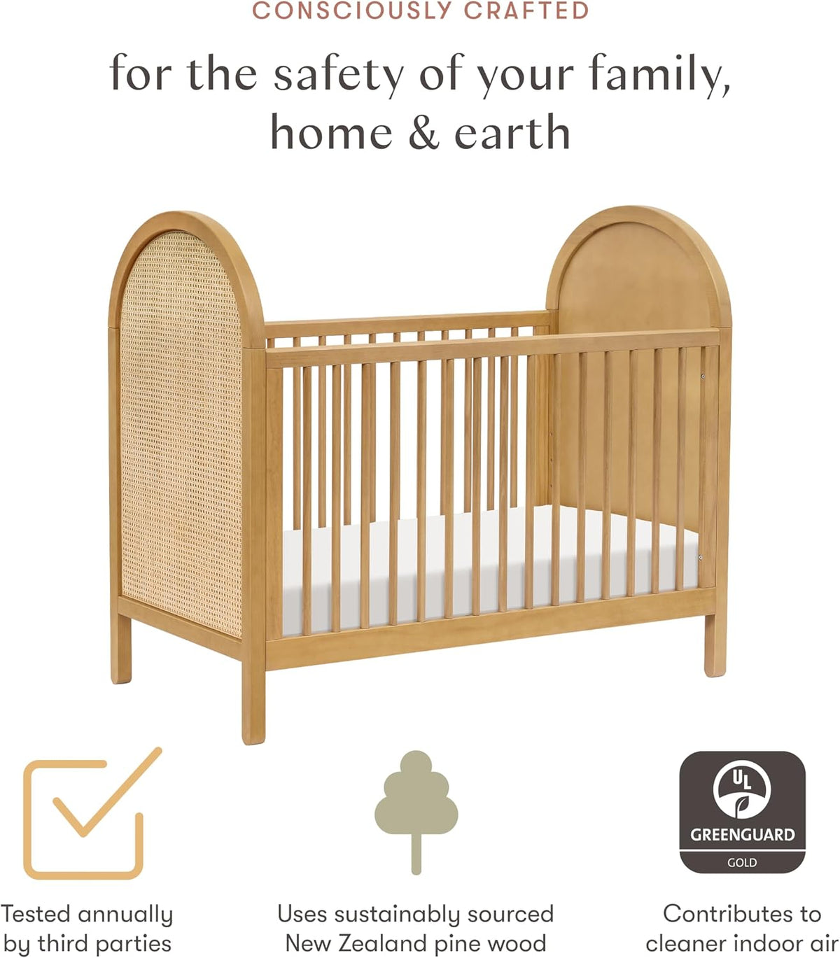 Babyletto Bondi Cane 3-in-1 Convertible Baby Crib, Honey with Natural Cane