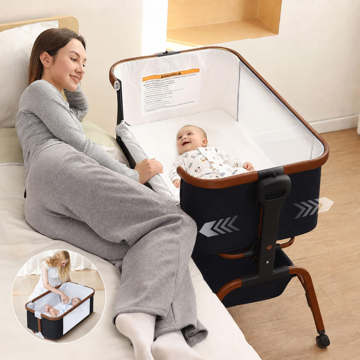 Rocking Baby Bassinet Bedside Sleeper, Detachable Portable Bassinet