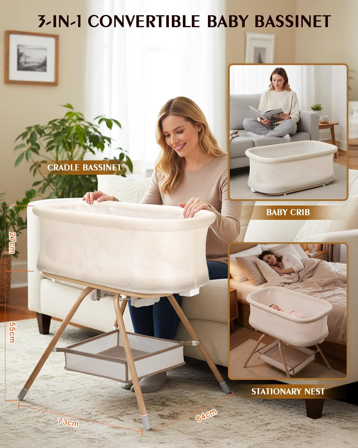 3 in 1 Baby Bassinet, Rocking Bedside Bassinet for Baby with Mesh Design & Soft Mattress, Bassinet Bedside Sleeper for Newborn Infant，Portable Nest with Storage Basket, Easy Assemble & Folding Beige