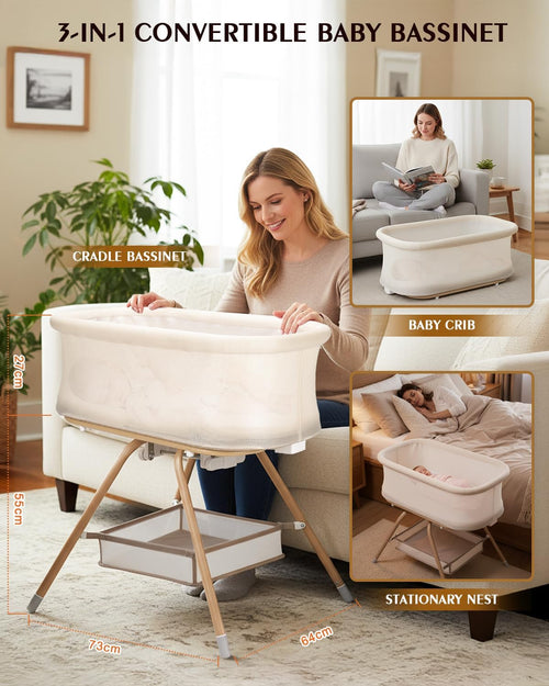 3 in 1 Baby Bassinet, Rocking Bedside Bassinet for Baby with Mesh Design & Soft Mattress, Bassinet Bedside Sleeper for Newborn Infant，Portable Nest with Storage Basket, Easy Assemble & Folding Beige