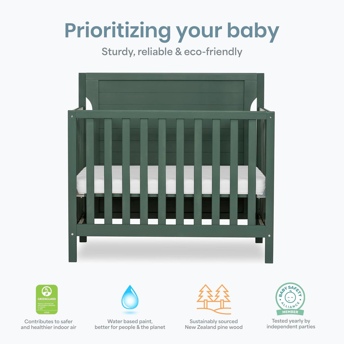 Dream On Me Bellport 4-in-1 Convertible Mini Baby Crib, Compact Design in Safari Green, GreenGuard Gold & BSA, Non-Toxic, Pinewood, Converts to Mini Daybed & Twin Bed, 1″ Mattress Pad