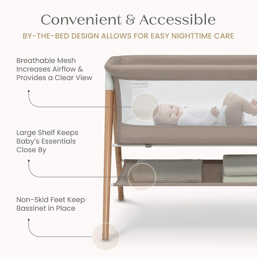 Delta Children Bondi Beechwood By The Bed Bassinet with PureAir Breathable Mesh Sheet and FSC-Certified Wood, Tan