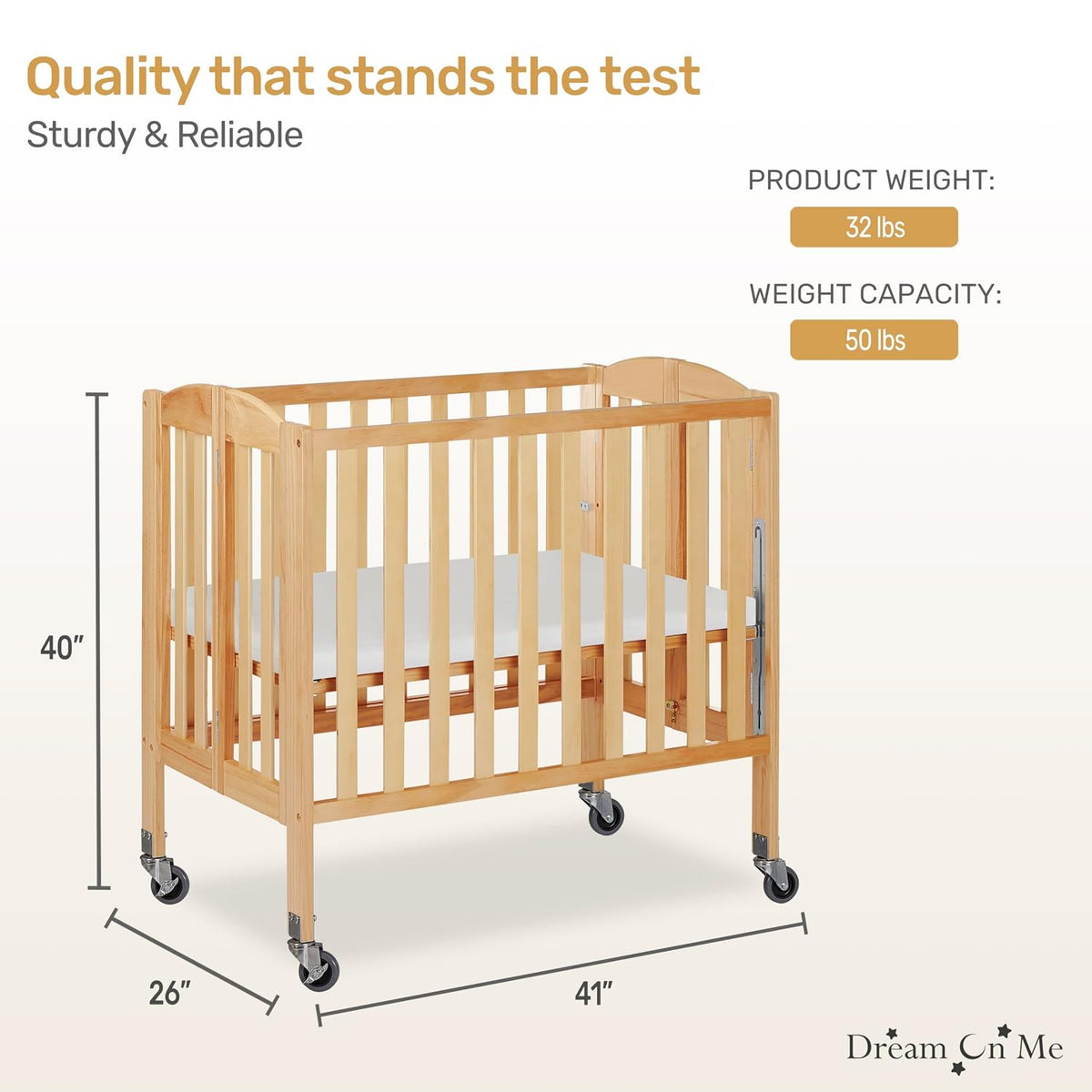 Dream On Me 3-in-1 Portable Mini Baby Crib in Natural, GreenGuard Gold & JPMA, Birchwood, Quick Fold Patent, Playpen or Changer, Storage or Travel, Heavy Duty Steel Castors, 3 Heights, 1″ Mattress Pad
