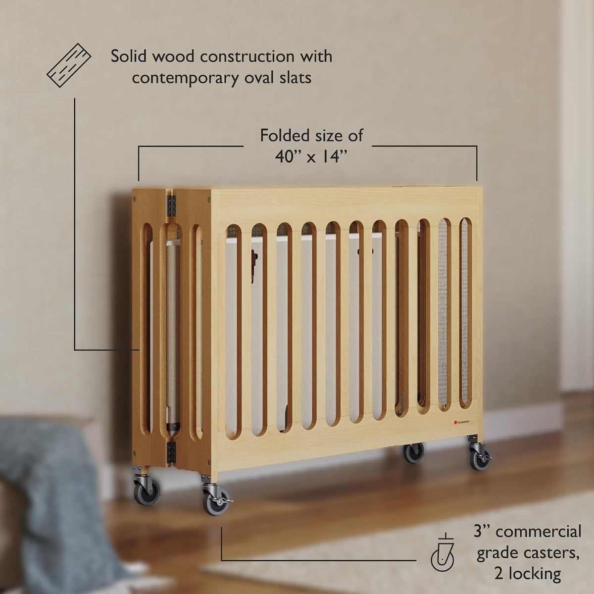Foundations Boutique Folding Mini Wooden Baby Hotel Crib, Natural