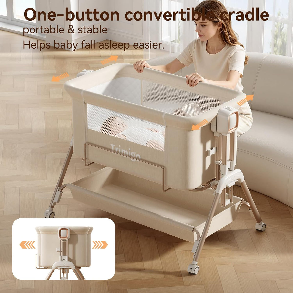 3-in-1 Baby Bassinet Baby Crib Bedside Crib with Mattress, Breathable Mesh Rocking Bassinet, 6-Height Adjustable Baby Bed & Bedside Sleeper for Newborn Infant, Lockable Wheels & Storage Baske