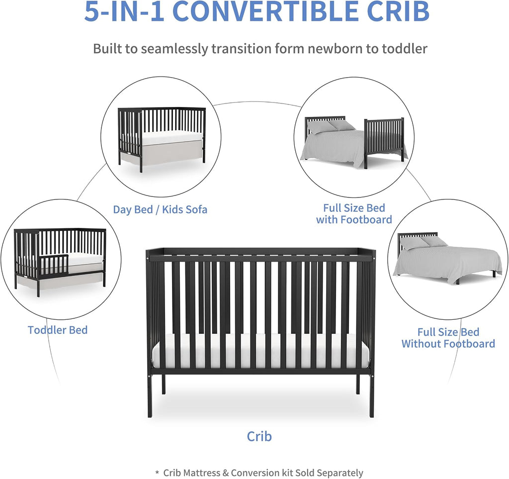 5-in-1 Convertible Baby Crib, Toddler, Daybed & Full-Size Bed