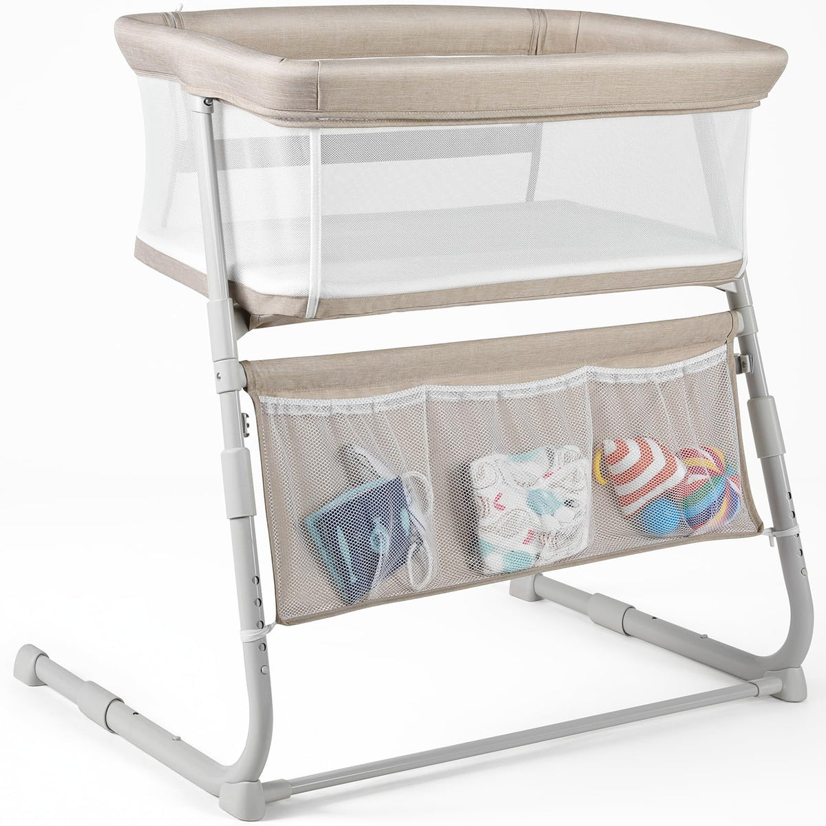 Cowiewie Bassinet Bedside Sleeper,Baby Bassinet Slides Over Bed,5-Position Height Adjustment & Breathable All-Mesh Wall Bedside Bassinet for Baby,Space-Saving Bedside Crib, Height(37.4-41.3") (Pink)