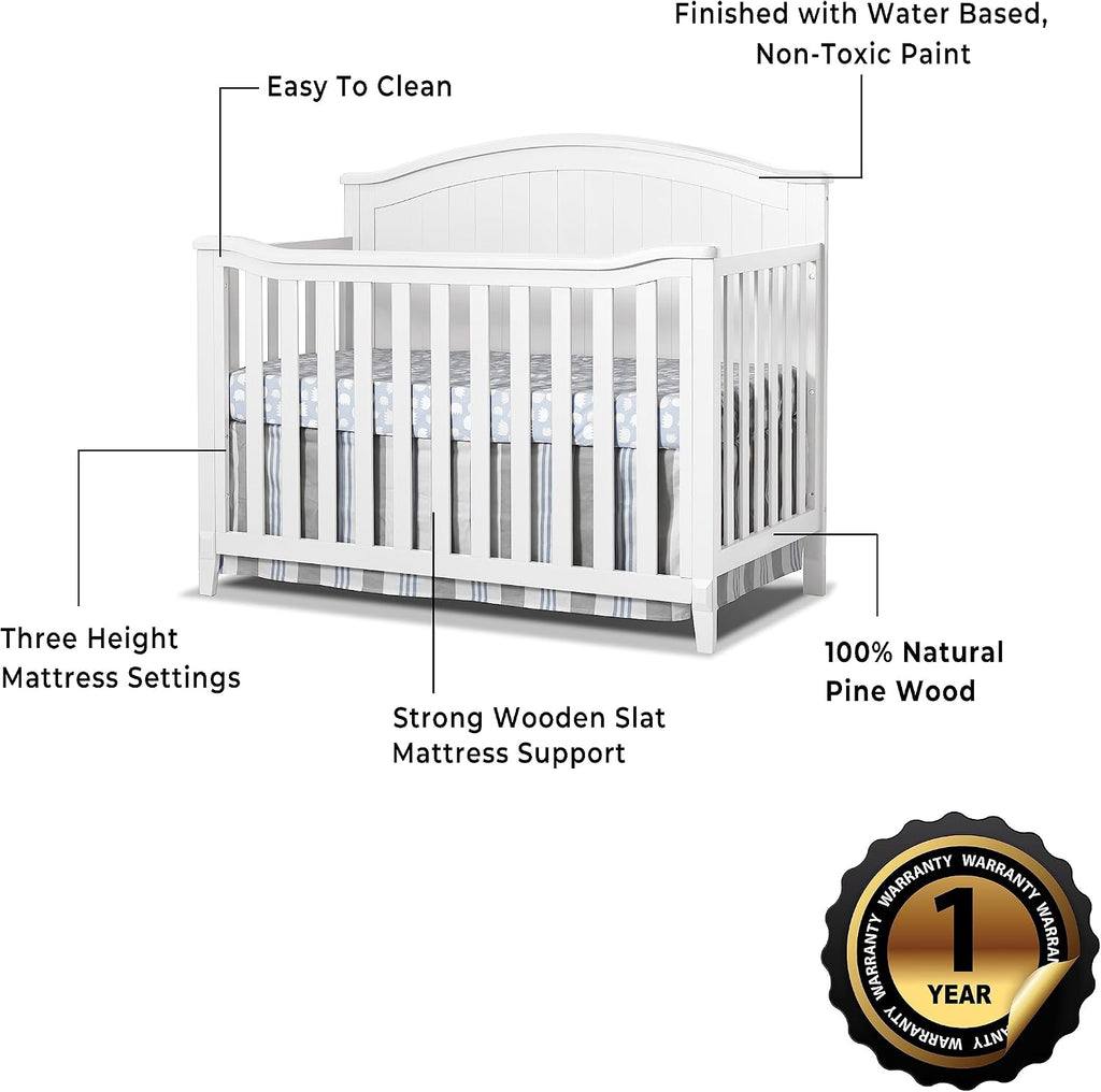 Sorelle Furniture Fairview Crib, Classic 4-in-1 Convertible Crib, Made of Wood, Non-Toxic Finish, Wooden Baby Bed, Toddler Bed, Child’s Daybed and Full-Size Bed, Nursery Furniture -White