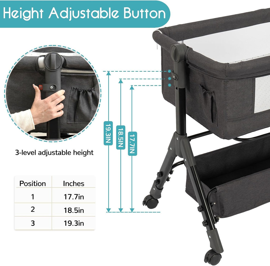 BCOL Baby Bassinet, Bedside Bassinet for Baby, 3 in 1 Bassinet Bedside Sleeper with Wheels, Mosquito Net, Adjustable Easy Folding Portable Bed for Infant Newborn (Dark Grey)