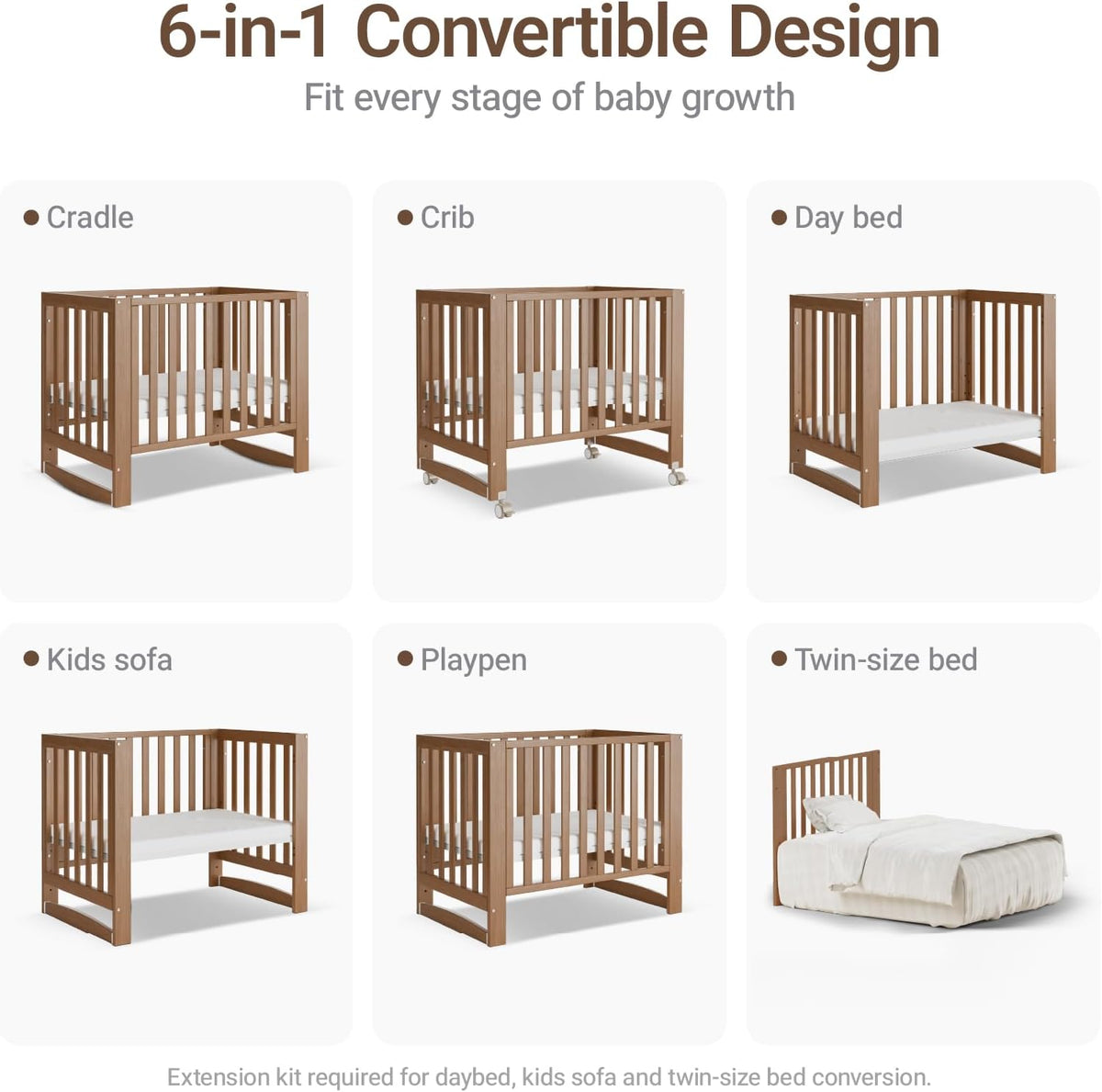 MAMAZING EvoNest 6-in-1 Convertible Baby Mini Crib with Wheels