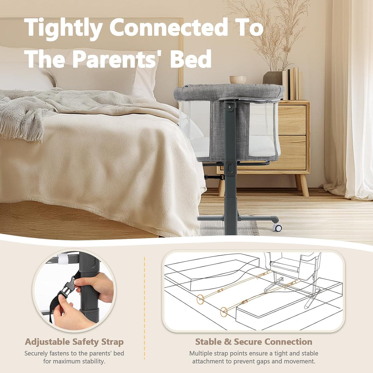 Kinder King Baby Bassinet Bedside Sleeper, Adjustable Heights, Grey