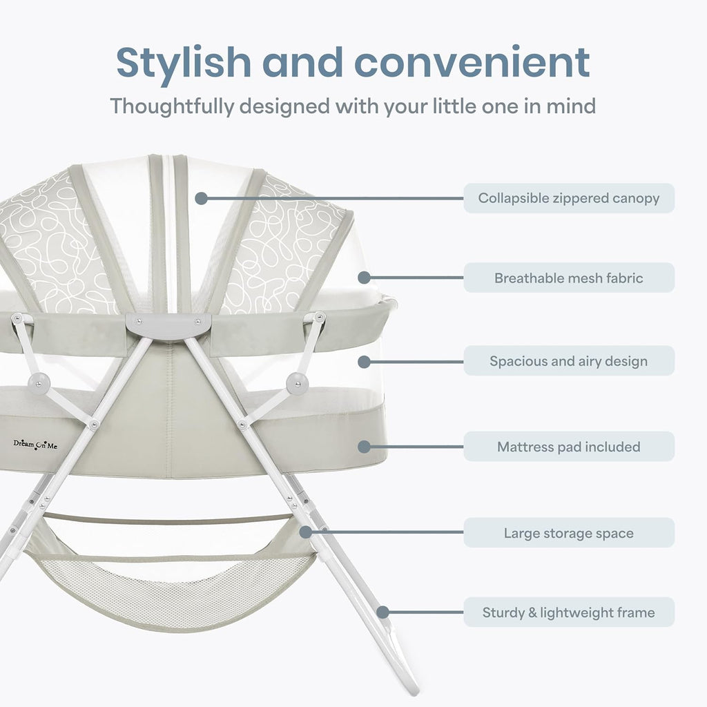 Dream On Me Karley Portable Infant Bassinet, Double Mesh Canopy, Cool Grey