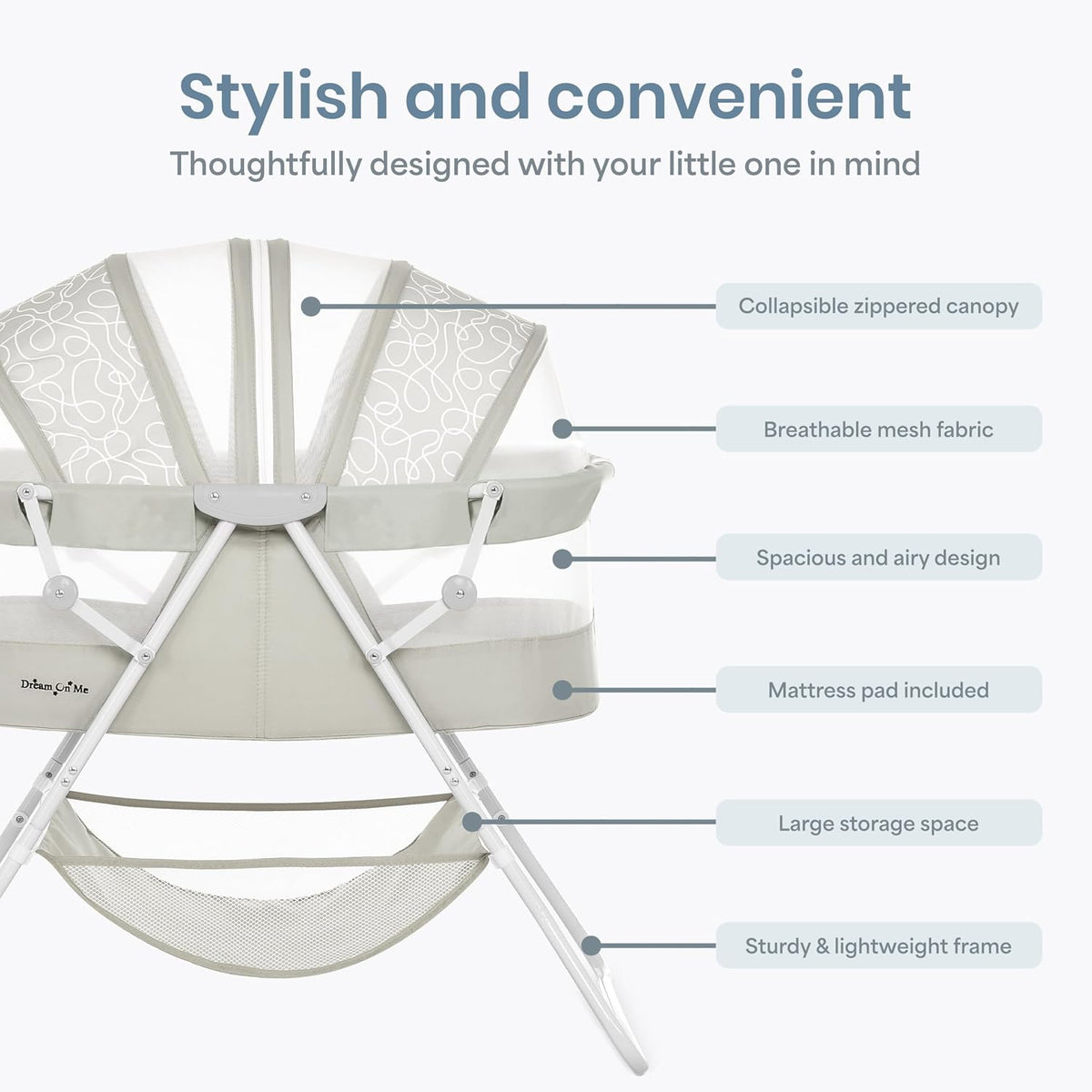 Dream On Me Karley Portable Infant Bassinet, Double Mesh Canopy, Cool Grey