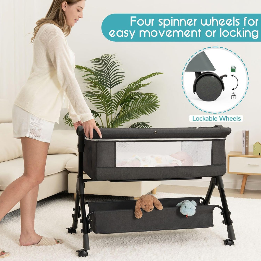 BCOL Baby Bassinet, Bedside Bassinet for Baby, 3 in 1 Bassinet Bedside Sleeper with Wheels, Mosquito Net, Adjustable Easy Folding Portable Bed for Infant Newborn (Dark Grey)