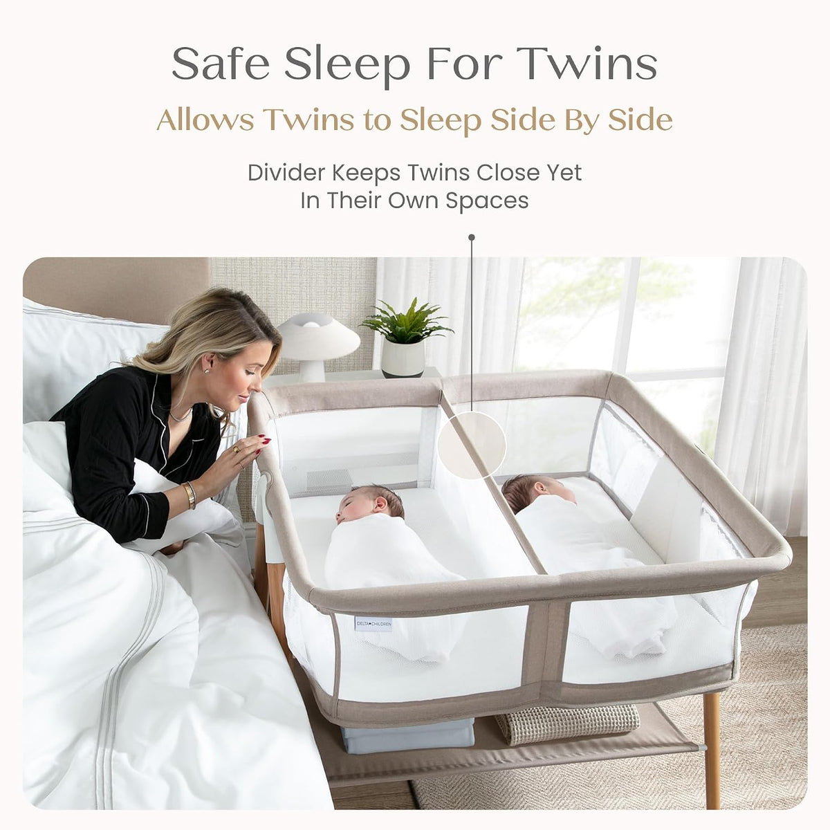 Delta Children Bondi Beechwood Twin Bassinet with PureAir Breathable Mesh Sheet and FSC-Certified Wood, Tan