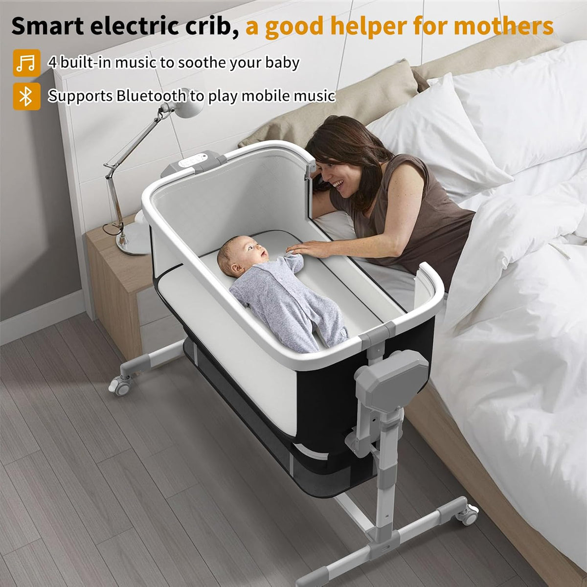 Rocking Bassinet for Baby, Electric Bassinet Automatic 5 Rocking Motion Bassinet Bedside Sleeper for Newborn, Auto Rolling Baby Cradle 6 Height Adjustable with 4 Lullabies, Wheels, Storage