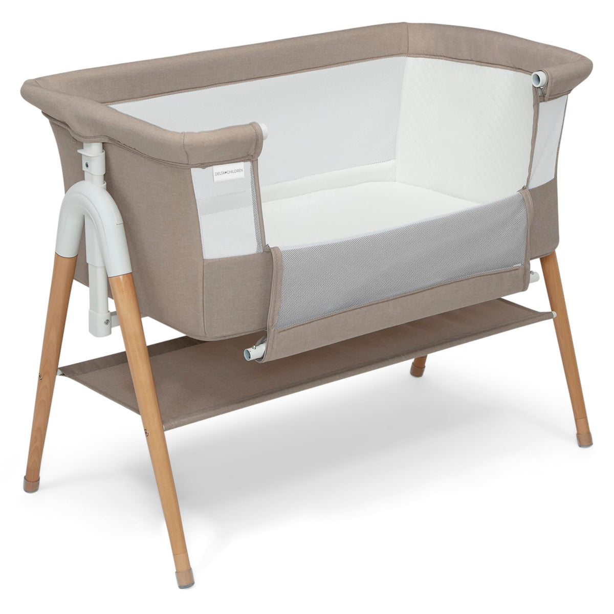 Delta Children Bondi Beechwood By The Bed Bassinet with PureAir Breathable Mesh Sheet and FSC-Certified Wood, Tan