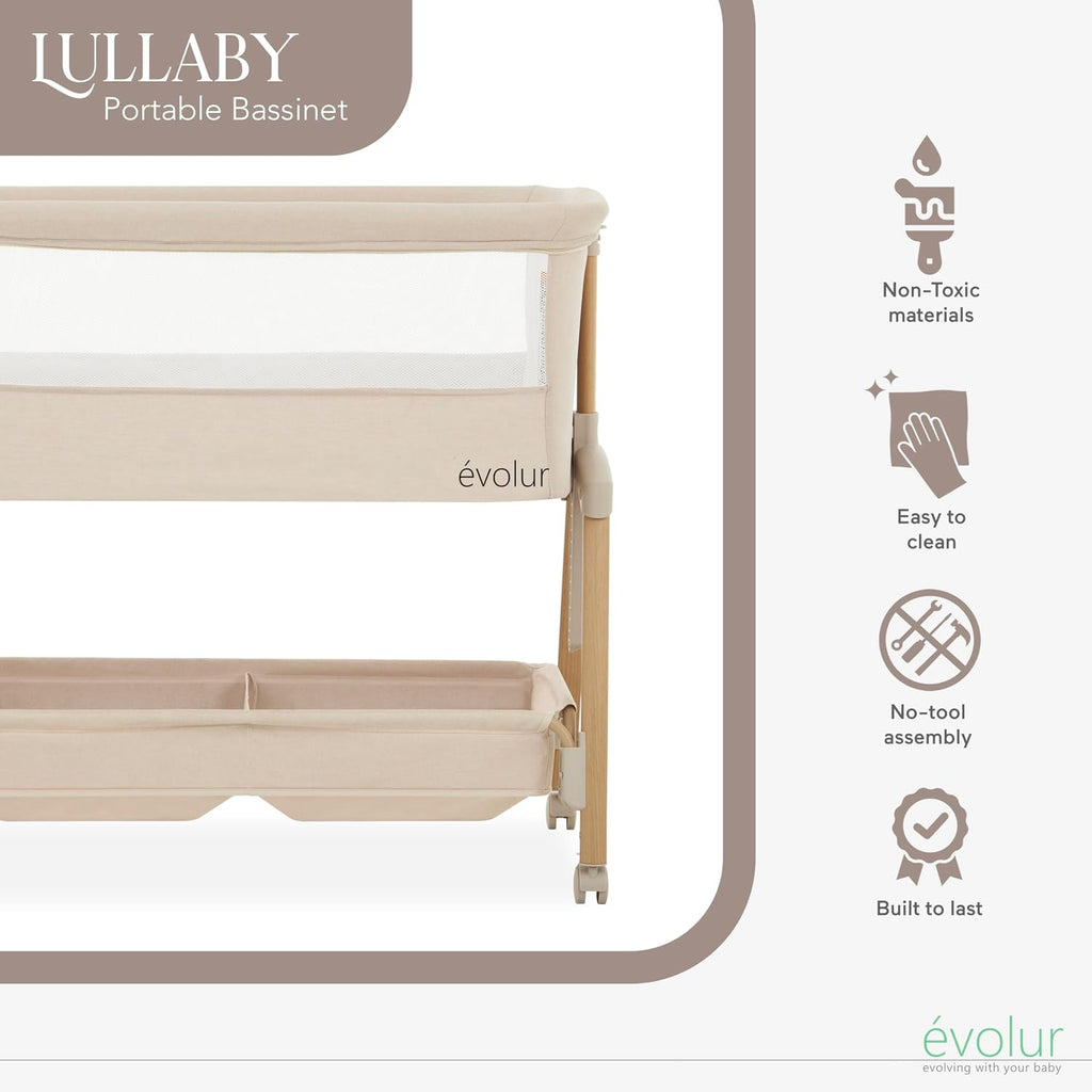 Evolur Lullaby Portable Bassinet with Wheels, Adjustable Bedside Sleeper, Breathable Mesh Sides, Large Storage Basket, Easy Fold, and Travel Bag Included, Perfect for Newborns & Infants - Biege